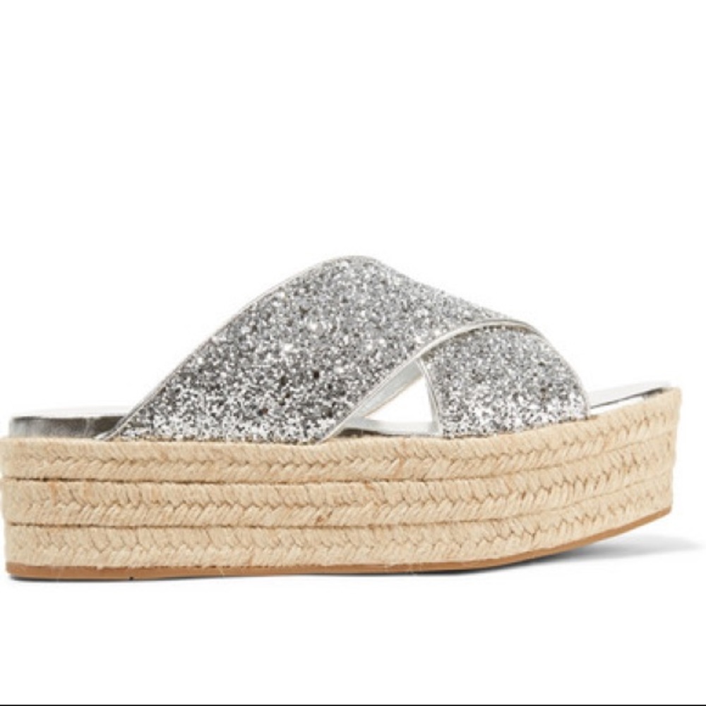 Miu Miu Glitter Espadrille Platform Sandals Silver US 11